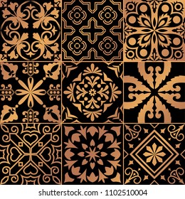 Big vector set of black and gold tiles in portuguese style.