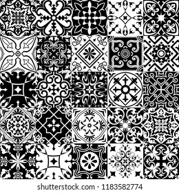 Big vector set of black and white tiles in portuguese style.