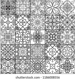 Big vector set of black and white tiles in portuguese style.