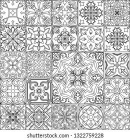 Big vector set of black and white tiles in portuguese style.
