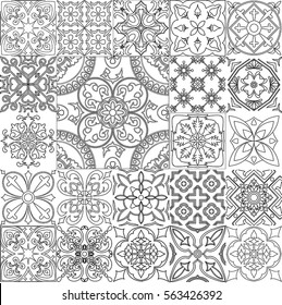 Big vector set of black and white tiles background. For coloring pages, backgrounds, decoration for your design, page fill and more. 