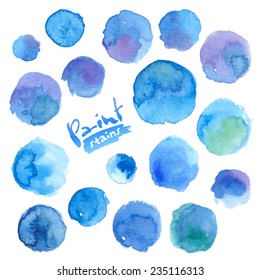 Big vector set of blue watercolor stains