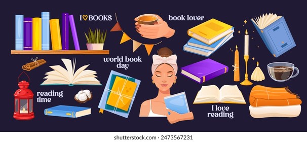 Big vector set with book icons and different cozy reading elements.