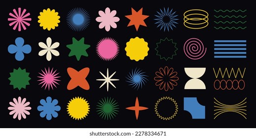 Big vector set of brutalist geometric shapes. Trendy abstract minimalist figures, stars, flowes, circles. Modern abstract graphic design elements.Vector