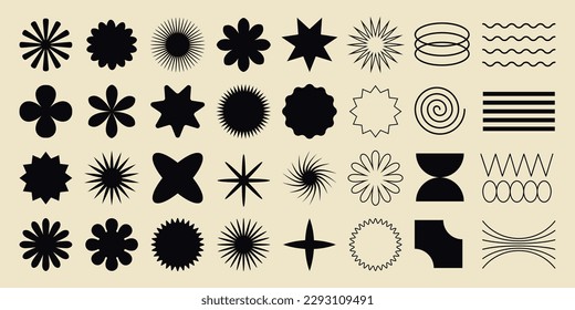 Big vector set of brutalist geometric shapes. Trendy abstract minimalist figures, stars, flowes, circles. Modern abstract graphic design elements.Vector