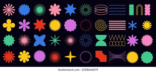 Big vector set of brutalist geometric shapes. Trendy abstract minimalist figures, stars, flowes, circles. Modern abstract graphic design elements.Vector illustration