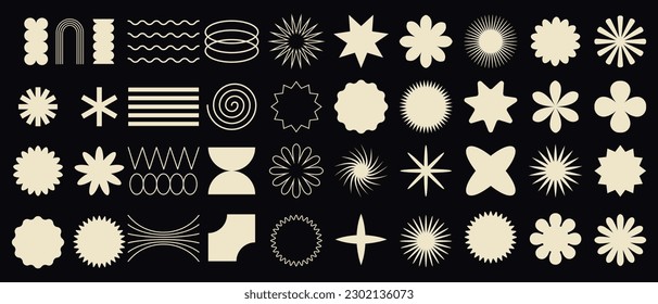 Big vector set of brutalist geometric shapes. Trendy abstract minimalist figures, stars, flowes, circles. Modern abstract graphic design elements.Vector illustration