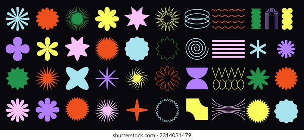 Gran conjunto vectorial de formas geométricas brutales. Figuras minimalistas abstractas, estrellas, flores, círculos. Elementos de diseño gráfico abstracto moderno.Ilustración vectorial