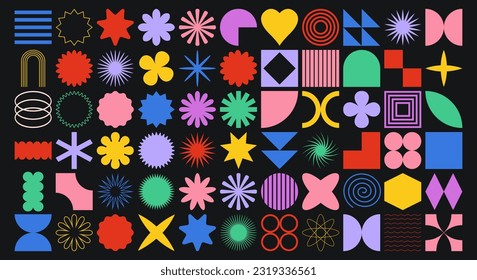 Big vector set of brutalist geometric shapes. Trendy abstract minimalist figures, stars, flowes, circles. Modern abstract graphic design elements.Vector illustration - Shutterstock ID 2319336561