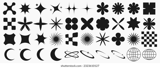 Big vector set of brutalist geometric shapes. Trendy abstract minimalist figures, stars, flowes, circles. Modern abstract graphic design elements.Vector