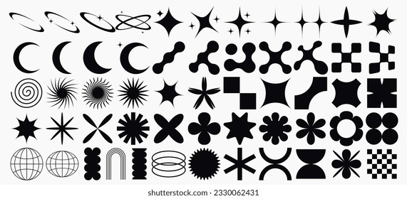 Big vector set of brutalist geometric shapes. Trendy abstract minimalist figures, stars, flowes, circles. Modern abstract graphic design elements.Vector illustration