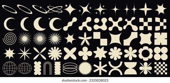 Big vector set of brutalist geometric shapes. Trendy abstract minimalist figures, stars, flowes, circles. Modern abstract graphic design elements.Vector illustration