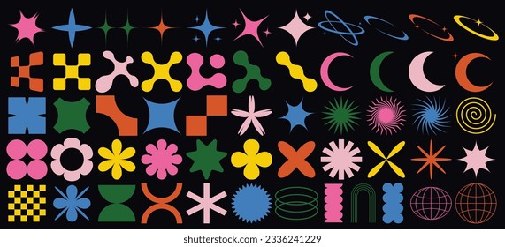 Gran conjunto vectorial de formas geométricas brutales. Figuras minimalistas abstractas, estrellas, flores, círculos. Elementos de diseño gráfico abstracto moderno.Vector