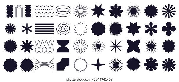Big vector set of brutalist geometric shapes. Trendy abstract minimalist figures, stars, flowes, circles. Modern abstract graphic design elements.Vector illustration