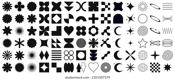 Gran conjunto vectorial de formas geométricas brutales. Figuras minimalistas abstractas, estrellas, flores, círculos. Elementos de diseño gráfico abstracto moderno.Ilustración vectorial