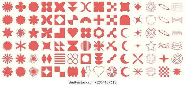 Big vector set of brutalist geometric shapes. Trendy abstract minimalist figures, stars, flowes, circles. Modern abstract graphic design elements.Vector illustration