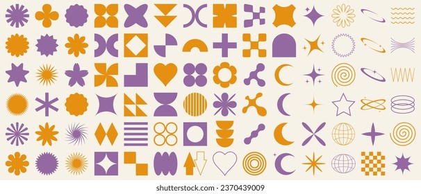 Big vector set of brutalist geometric shapes. Trendy abstract minimalist figures, stars, flowers, circles. Modern abstract graphic design elements.