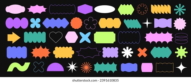 Big vector set. Brutalist geometric shapes in trendy abstract minimalist style. Figures, stars, flowes, circles for poster or placard design. Modern abstract graphic elements. Vector illustration.