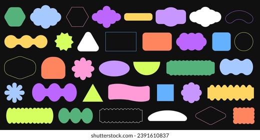 Big vector set. Brutalist geometric shapes in trendy abstract minimalist style. Figures, stars, flowes, circles for poster or placard design. Modern abstract graphic elements. Vector illustration.