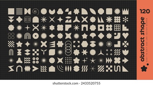Big vector set of brutalist geometric shapes. Trendy abstract minimalist figures, stars, flowes, circles. Modern abstract graphic design elements. Vector illustration.