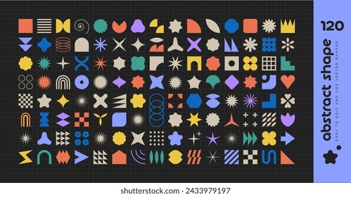 Gran conjunto vectorial de formas geométricas brutalistas. Figuras minimalistas abstractas de moda, estrellas, flores, círculos. Elementos de diseño gráfico abstracto moderno. Ilustración vectorial.