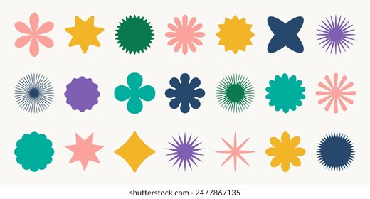 Big vector set of brutalist geometric shapes. Trendy abstract minimalist figures, stars, flowers, circles. Modern abstract graphic design elements