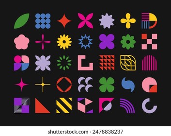 Große Vektorgrafik von brutalistischen geometrischen Formen. Bauhaus abstrakte Grafikdesign Elemente. Trendige abstrakte minimalistische Figuren, Sterne, Blumen, Kreise.