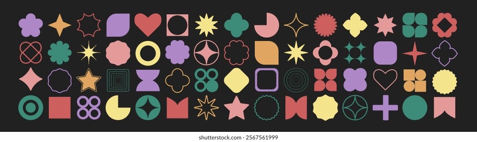 Big vector set of brutalist geometric shapes. Geometric abstract flower shape set, star figure, circles. Modern abstract graphic design elements.