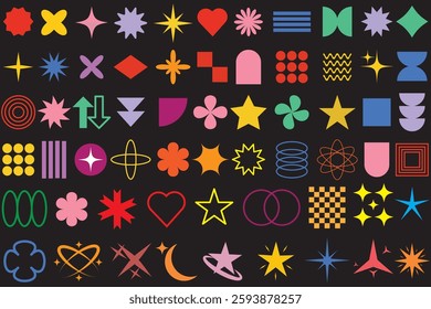 Big vector set of brutalist geometric shapes. Trendy abstract minimalist figures, stars, flowes, circles. Modern abstract graphic design elements.Vector illustration