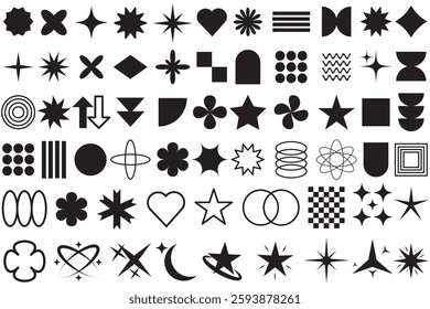 Big vector set of brutalist geometric shapes. Trendy abstract minimalist figures, stars, flowes, circles. Modern abstract graphic design elements.Vector illustration