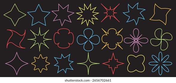 Grande conjunto vetorial de formas geométricas brutalistas. Figuras minimalistas abstratas, estrelas, flores, círculos. Elementos modernos de design gráfico abstrato. Ilustração vetorial. EPS 10.