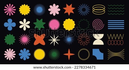 Big vector set of brutalist geometric shapes. Trendy abstract minimalist figures, stars, flowes, circles. Modern abstract graphic design elements.Vector