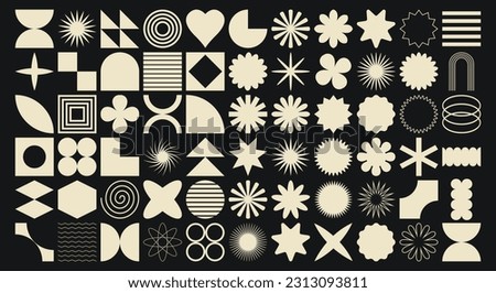 Big vector set of brutalist geometric shapes. Trendy abstract minimalist figures, stars, flowes, circles. Modern abstract graphic design elements.Vector illustration
