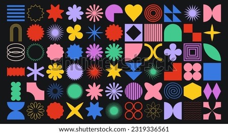 Big vector set of brutalist geometric shapes. Trendy abstract minimalist figures, stars, flowes, circles. Modern abstract graphic design elements.Vector illustration