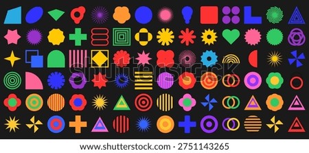Big vector set of brutalist geometric shapes. Trendy abstract minimalist figures, stars, flowers, and circles. Modern abstract graphic design elements.