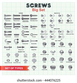 
Big Vector Set Building Screws, Nuts And Bolts On A Background Of Millimeter Paper. For Installation Works As A Good Example Of Tools And Equipment.