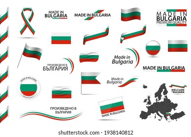 Big vector set of Bulgarian ribbons, symbols, icons and flags isolated on a white background. Made in Bulgaria, premium quality, Bulgarian national tricolor. Set for your infographics and templates