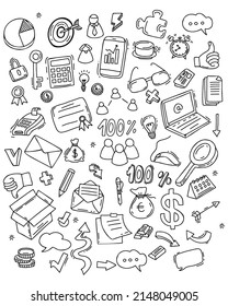 Big vector set of business icons. Isolated linear hand drawn doodles of finance and office work, money and technology. Vector illustration.