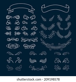 Big vector set of calligraphy page decoration elements with ribbons, laurels, swirls