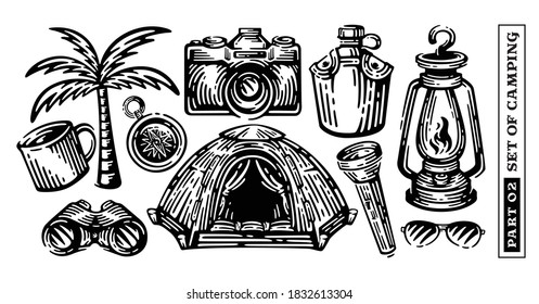 Big vector set of camping elements. doodle vintage illustration. part 2