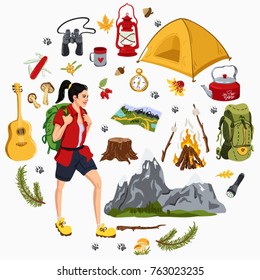 Big vector set of camping equipment and woman with backpack in cartoon style. 
