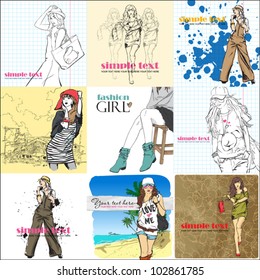 BIG vector set of cards with fashion girls.