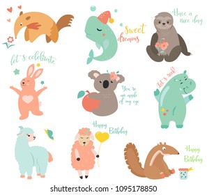 Big vector set of cartoon animals rabbit, llama, whale, anteater, slorth, koala, hippo