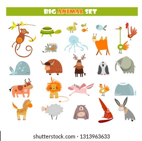 Big vector set of cartoon animals. Mammals, birds, fishes