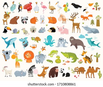 Big vector set of cartoon animals. Forest animals, tropical animals, sea animals.
