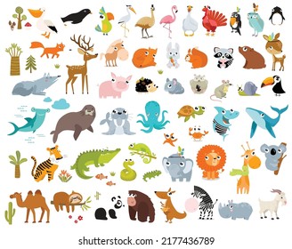 Big vector set of cartoon animals. Forest animals, tropical animals, sea animals.
