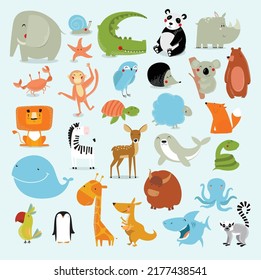 Big vector set of cartoon animals. The crocodile, elephant, bear, duck, panda, koala, lion, monkey, turtle, whale, shark, crab, fox, kangaroo, giraffe, bat, hedgehog, owl, snake, starfish