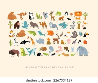 Big vector set of cartoon animals. Forest animals, tropical animals, sea animals.
