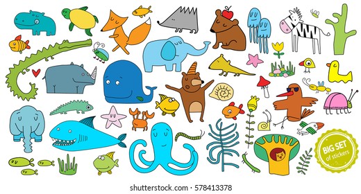 Big vector set of cartoon animals. Bear, fox, alligator, whale, shark.octopus, fish, zebra, bird, crab, elephant.