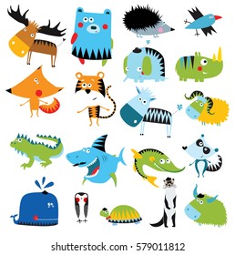 Big vector set of cartoon animals.deer, bear, fox, tiger, zebra, lemur, pike, iguana